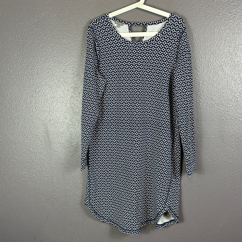 T by Talbots Navy Print Pima Cotton Blend T-Shirt Dress Long Sleeves Blue White